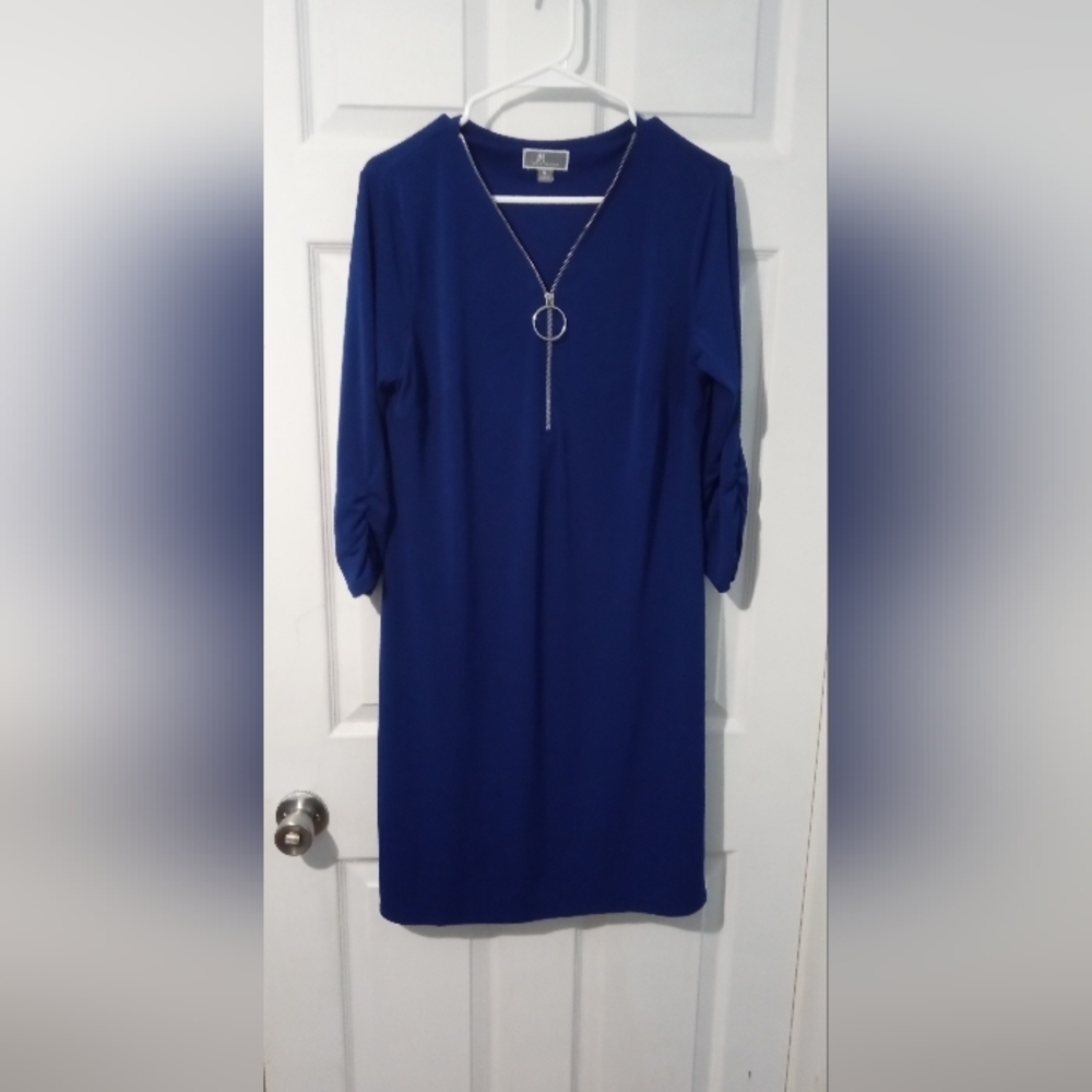 JM Collection Blue Sheath Dress with V-Neck and Cuffed Sleeves